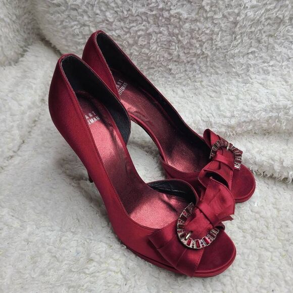 Stuart Weitzman "Paradise" Burgundy Satin Wrapped Embellished Peep-toe Formal He - Picture 1 of 11